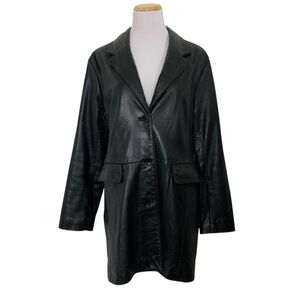 Vintage Y2K Longline Black Leather Jacket Women’s L John Carlisle Pockets